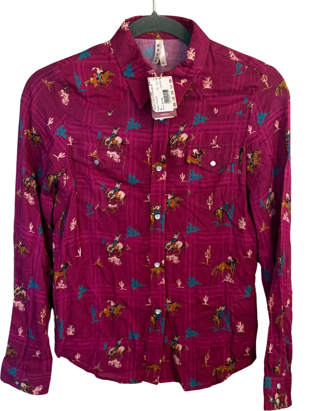 Girls Western-Print Long Sleeve Shirt - Magenta